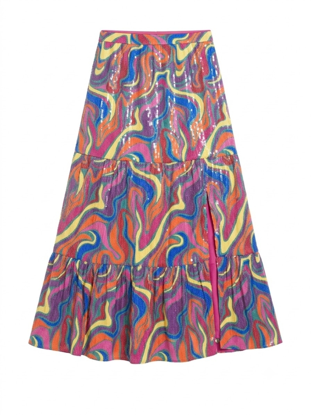 Alden Adair Wonderland Multicolor Swirl Sequin Maxi Skirt Side Slit Groovy S